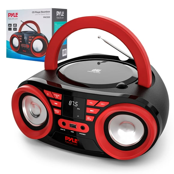 PYLE Reproductor de CD portátil, reproductores de CD para el hogar, reproductor de CD portátil, potencia máxima de 50 W, Bluetooth, USB, AUX, radio AM/FM, carga superior, incluye cable de alimentación