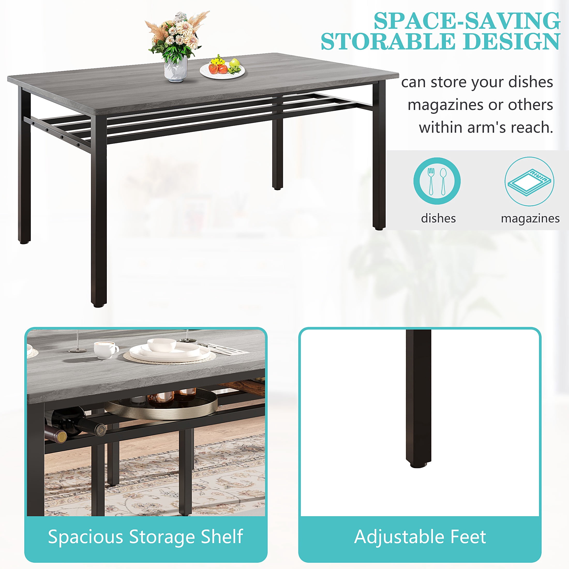 PORKISS Dining Table Set for 6, 6-Piece Dining Room Set with Wooden Table Top, PU Leather Upholstery Chairs and Bench, Kitchen Table and Chairs Set with Metal Frame Storage, Dinette Sets, Gray+Black