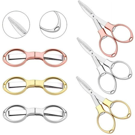 6PCS Folding Scissors, Portable Stainless Steel Travel Scissors, Glasses-Shaped Mini Shear with 3 Colors for Home Office Friends Families ( Rose Gold, Gold, Silver)