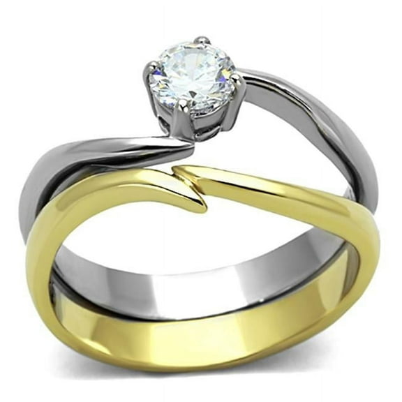 Alamode TK1092-5 Women Two-Tone IP Gold Stainless Steel Ring with AAA Grade CZ in Clear - Size 5