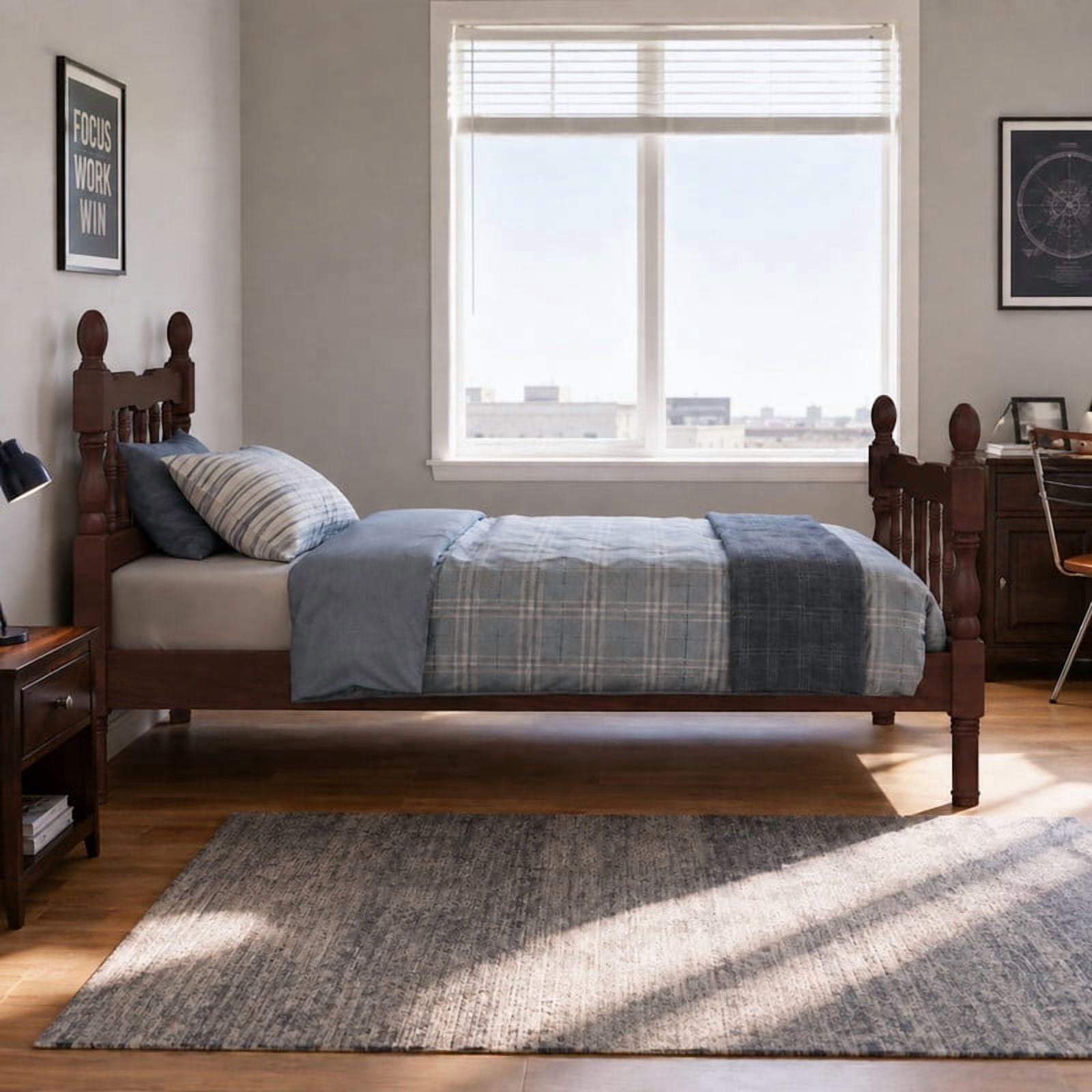 Euroco Wood Twin Size Platform Bed Frame, Classic Farmhouse Bed Frame with Spindle Headboard, Dark Walnut