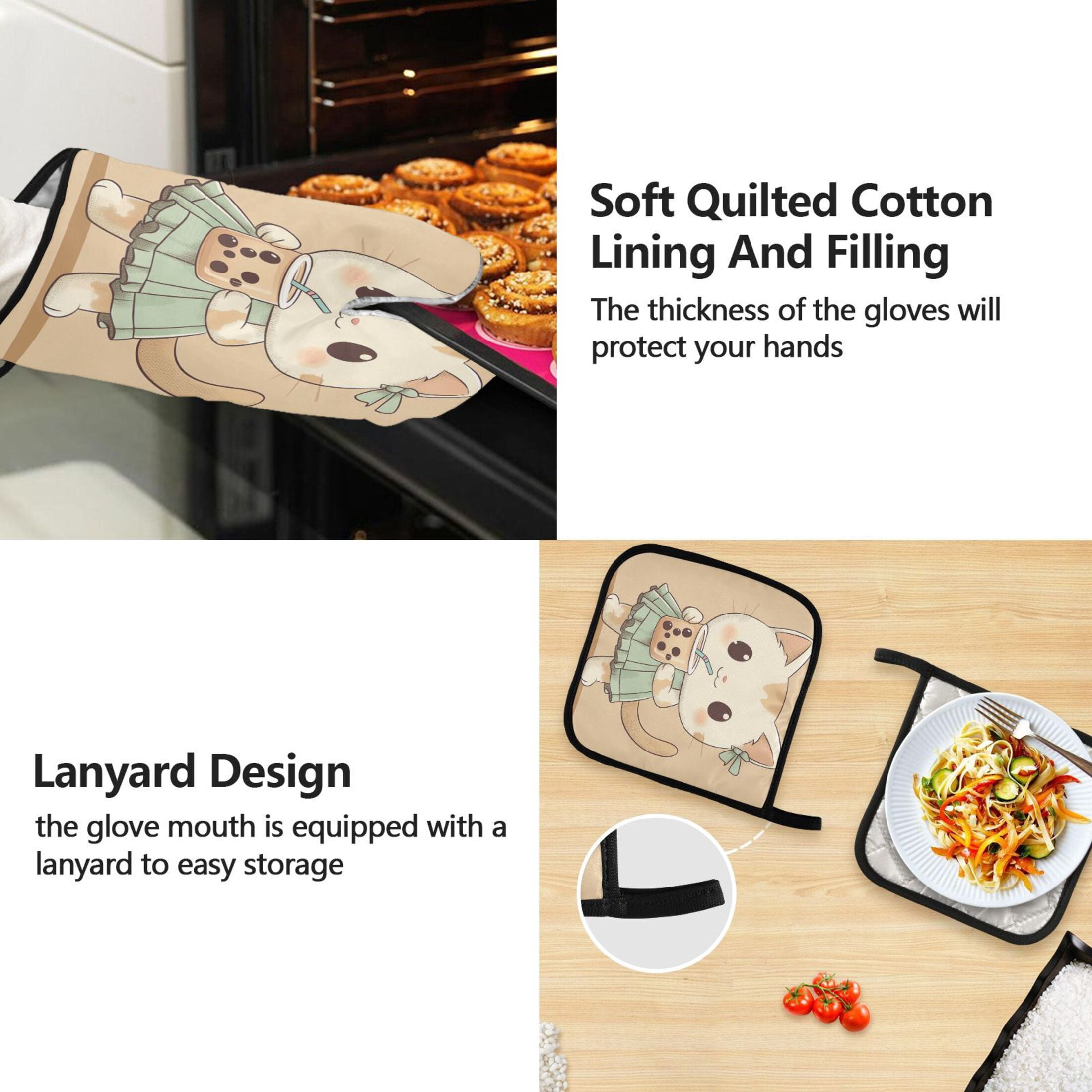 5 Pcs Kitchen Set Heat Resistant Oven Mitts and Non-Slip Pot Holders with Adjustable Cooking Apron Cute Cat Drink Bubble Tea