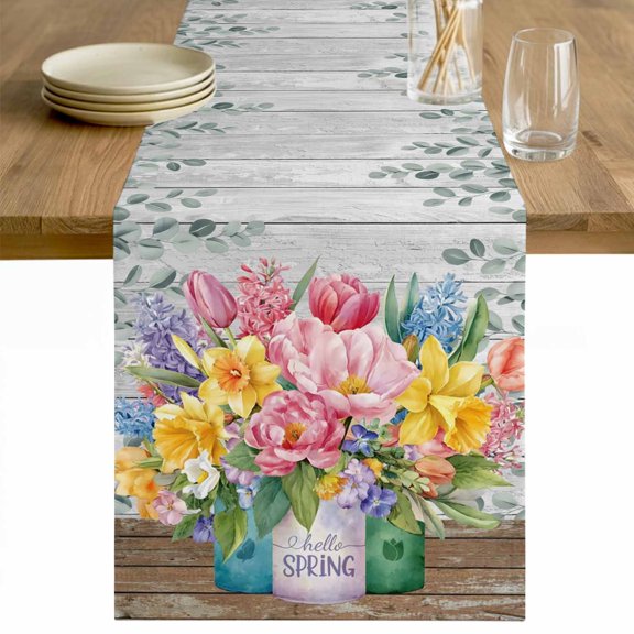 Watercolor Floral Table Runner - 72 Inch Long Spring Botanical Flowers Leaves Wood Grain Cotton and Linen Blended Dress Scarves Farmhouse Table Runner for Kitchen Dining, Coffee Table, 13" x 72"