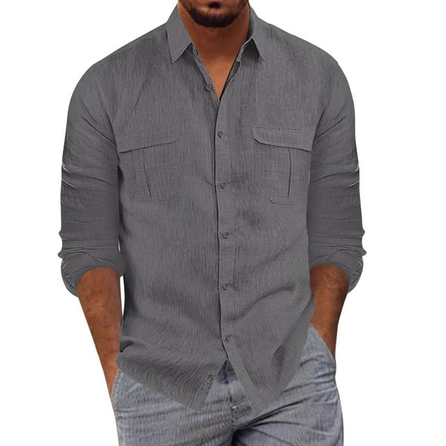 Camisa informal de manga larga con solapa y botones para hombre, de algodón, color liso, fácil de combinar con vaqueros, para todas las estaciones