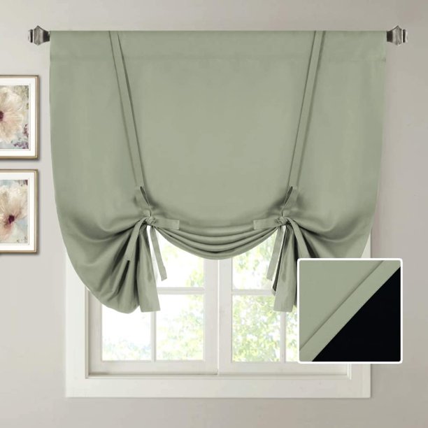 Cortinas 100 % opacas para atar para dormitorio, cortinas con aislamiento térmico, 45 pulgadas de largo, cortinas opacas con bolsillo para barra para ventana pequeña/baño con forro negro, piedra pómez, salvia clara, 42 pulgadas de ancho x 45 pulgadas de largo