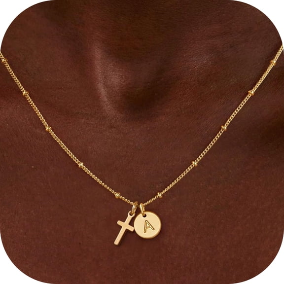 Turandoss 14K Gold Plated Cross Initial Disc Necklace for Women GirlsDainty Letter A-Z Coin In Pendant Jewelry Cute Stuff for Teen Girls Personalized Christian Gifts for Women Girls