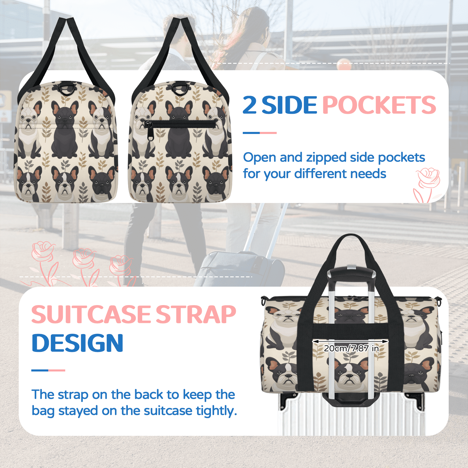 Herdesigns Dog Theme Travel Duffle Bag Sports Yoga Weekender Overnight Carry on Workout Bags Lightweight Waterproof Gym Tote Bag for Women Animal