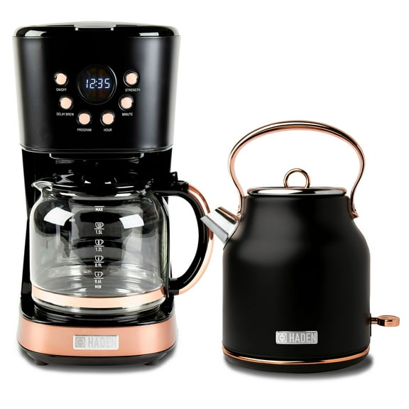 Haden Heritage 1.7 Liter Electric Kettle & Coffee Maker, Black & Copper