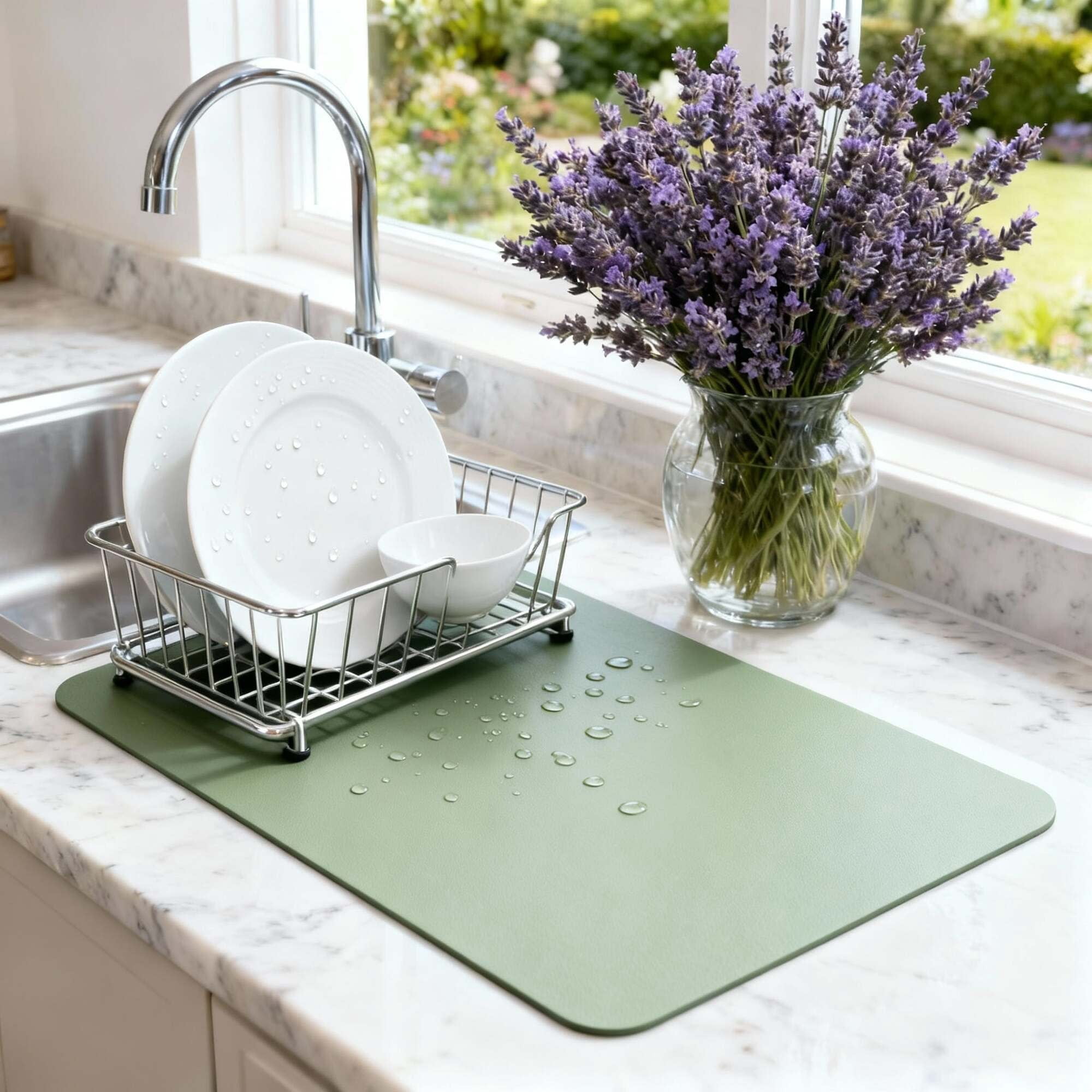 STRABELLA: Dish Drying Mat - 24x16", Sage - Super Water Absorbent, Quick Dry Foam, Multi-Purpose, Kitchen Countertops, Non-Slip, Machine Washable