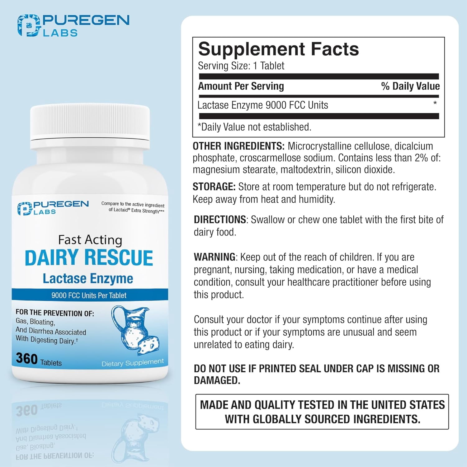 Puregen Labs Dairy Rescue Lactase Enzyme Supplement 9000 FCC 360 Tablets