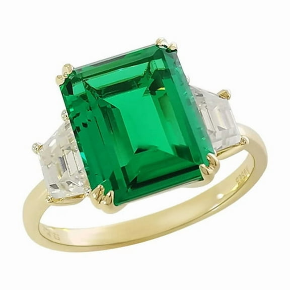 10x8mm Octagon and Tapered Baguette Cut Lab-Created Emerald and Moissanite Engagement Ring in 925 Sterling Silver for Women