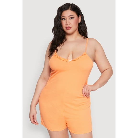 Womens Plus Size Ribbed Knit Ruffle Cami Pajama Romper
