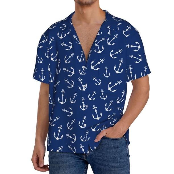 Fotbe Nautical Anchors Camisa Estampada de Manga Corta para Hombre, Casual de Verano, Estilo Playero, Sin Arrugas-X-Large