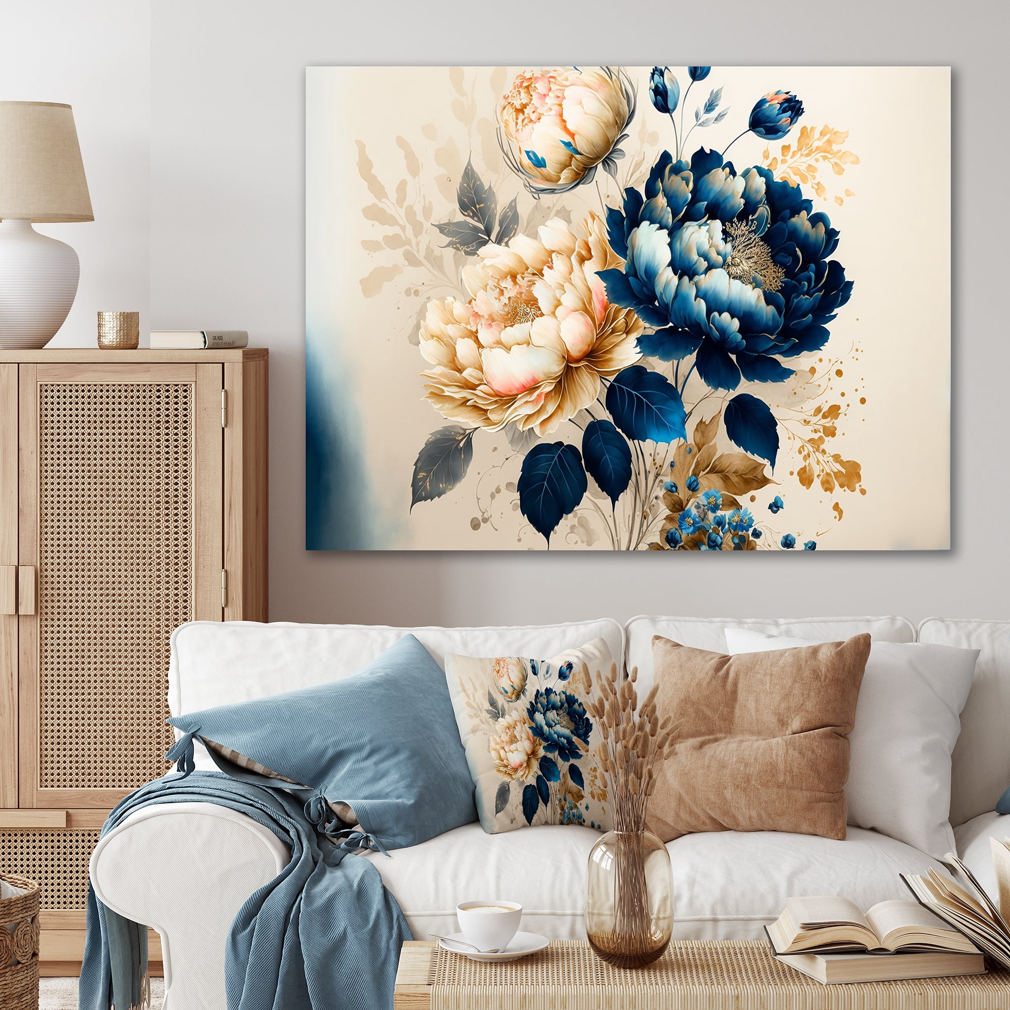 Designart Blue And Gold Floral Bunch II Canvas Wall Art