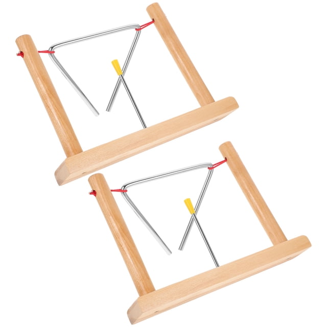 ifundom 2Sets Metal Triangle Bell Percussion Instruments with Wooden Stands and Strikers Beige for Beginners
