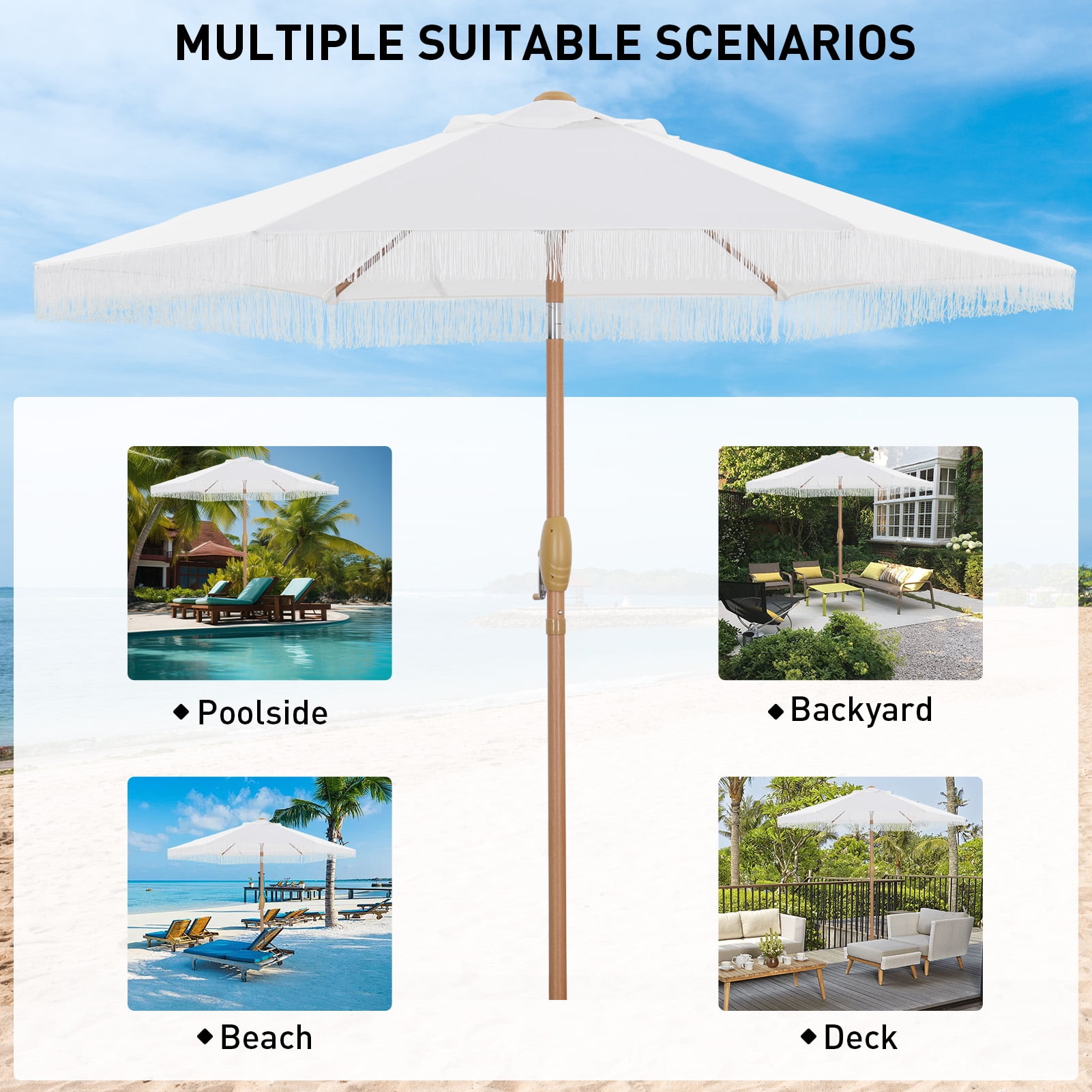 Autlaycil 7.5 ft Fringe Patio Umbrella for Beach, Pool, Adjustable Outdoor Market Umbrellas,Tassel Stylish - White