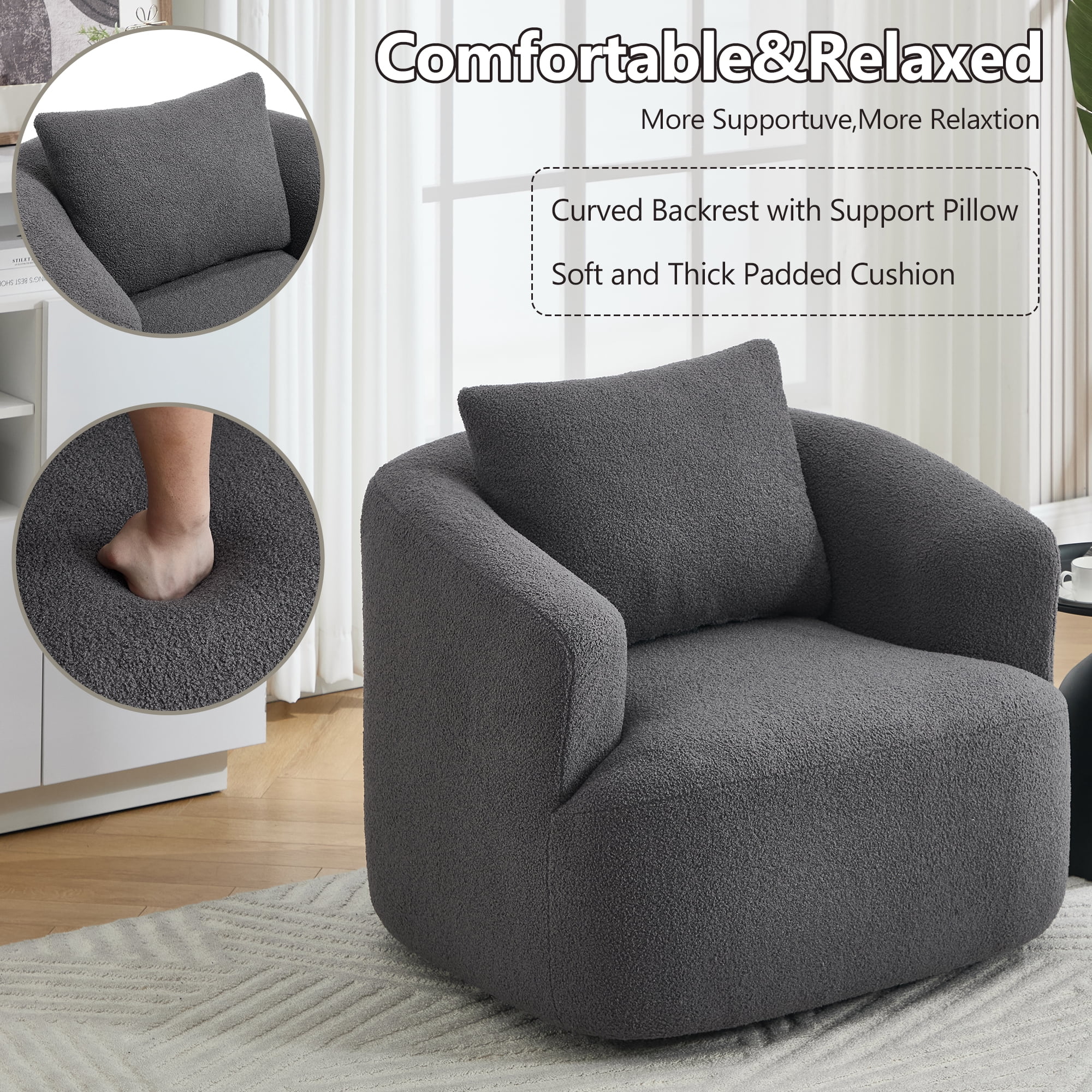 Swivel Accent Chair,360° Round Upholstered Armchair with One Soft Pillow,Teddy Fleece High-Resilience Sponge Single Sofa for Living Room, Bedroom, Apartment,No Assembly,Antique Dark Grey
