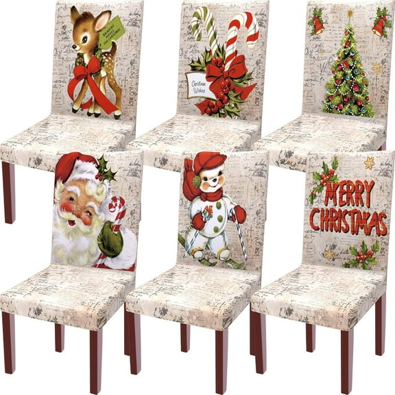 Vintage Christmas Chair Covers Set of 6, Removable Washable Stretch Chair slipcover with Tree, Santa, Snowman, Elk for Dining, Hotel, Wedding(Wood,Merry Christmas)