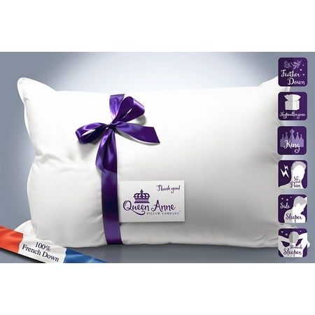Goose Down Bed Pillow - The Duchess - Queen Anne Pillow Company's Luxury Goose Down and Feather Pillow - 25% Down 75% Feather Bed Pillow (King Size 20x36 Medium Fill) Hypoallergenic