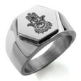 thumbnail image 1 of Stainless Steel Floral Hamsa Hand of Fatima Engraved Hexagon Crest Flat Top Biker Style Polished Ring, 1 of 1