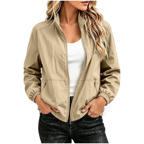 QIYAGBSA Lightweight Zip Jackets for Women Stand Collar Full Zip Casual Windbreaker with Zipper Pockets Elastic Cuffs Fall Travel Hiking Outerwear
