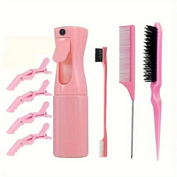 DUAIU 8-Piece Hair Brush Set for Women,Slick & Edge Brushing Kit,Includes Bristle Brush,Teasing Comb,Rat Tail Comb, Alligator Clips,Styling Essentials for Curly/Straight Hair (Pink)