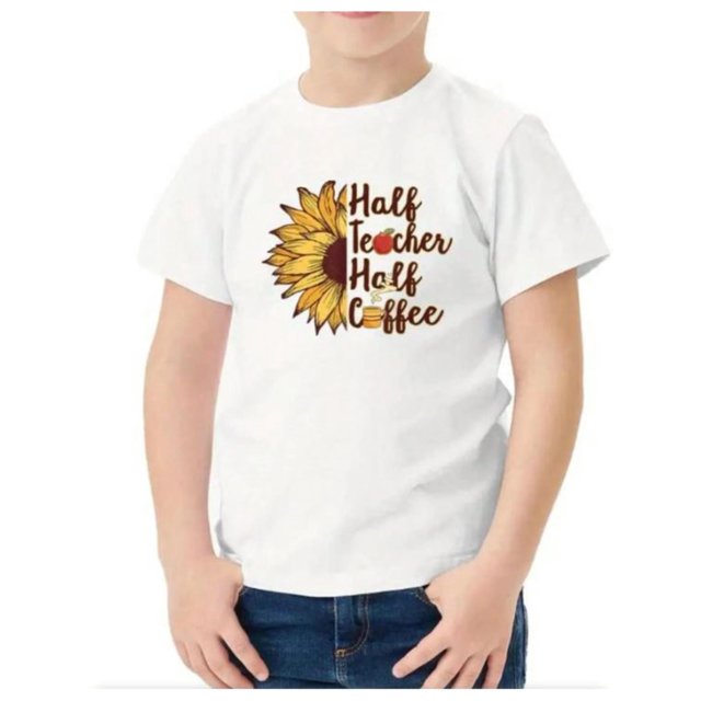 Half Teacher Half Coffee" Funny Back To School T-Shirt - 100% Cotton, Loose Fit, Crew Neck, Cute Cartoon Design For Children And Children, All-Season Wear, Teacher Appreciation Tshirt