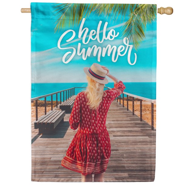 America Forever Hello Summer Waterfront Retreat House Flag 28 x 40 inches Tropical Palm Leaves Nautical Sea River Dock Double Sided Summertime Seasonal Yard Outdoor Decorative Coastal House Flag