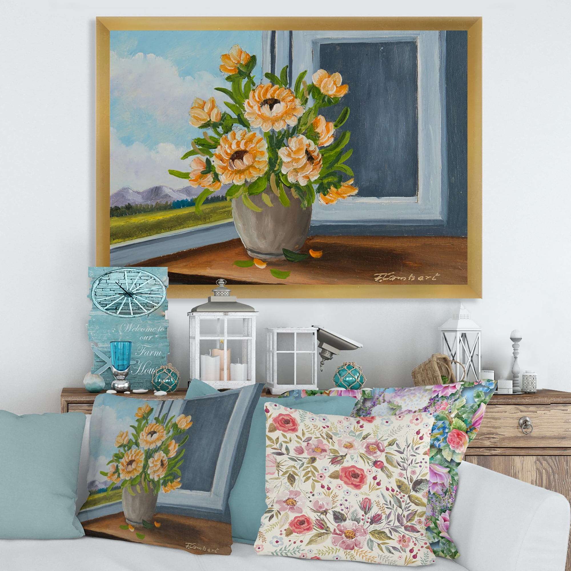 Designart 'Still Life With Orange Flowers In Vase At The Window' Traditional Framed Art Print