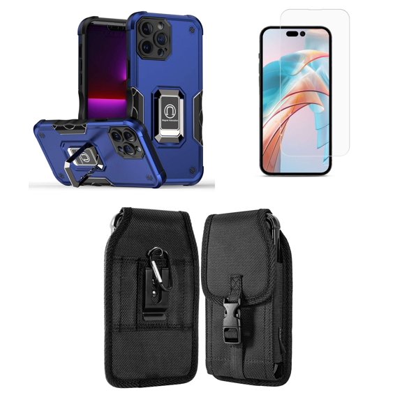 Bemz Phone Case for iPhone 15 Plus with Camera Protection Heavy Duty Magnetic Kickstand Cover, Screen Protector, Vertical Release Buckle Belt Holster Pouch (Cobalt Blue)