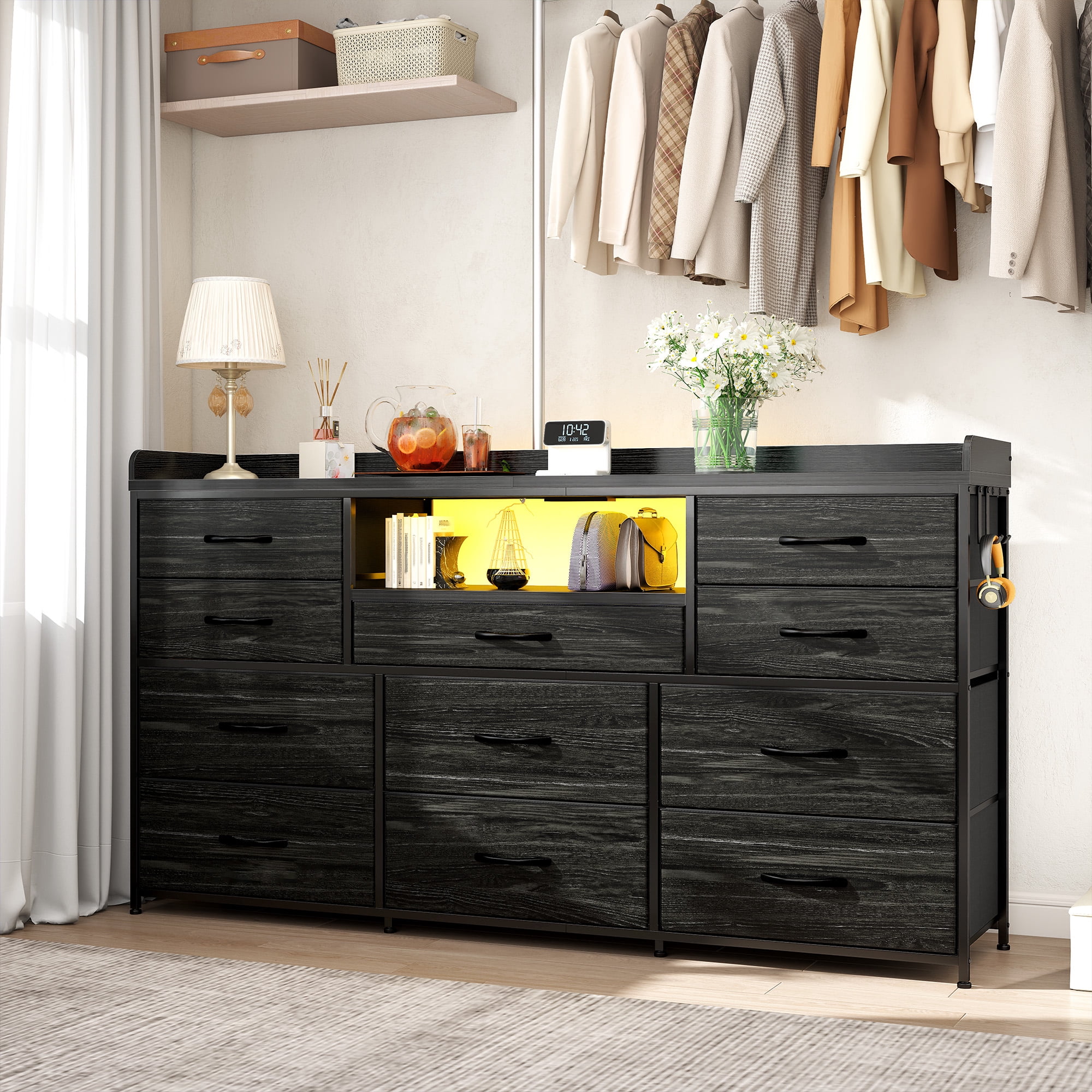 Black Dresser for Bedroom with 11 Drawers for 60" TV Stand with LED Lights & Charging Station Wide Dresser with Shelves & 4 Hooks Sturdy Metal Frame & Fabric Drawers & Wood Top
