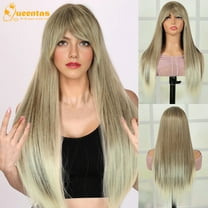 Queentas 23 Inch Ombre Brown Platinum Blonde Long Wigs for Women Glueless Synthetic Hair Blonde Wig with Brown Roots