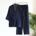 thumbnail image 3 of Mens Long Sleeve Pajamas Two Piece Pajama Set Tie Side Kimono Shirts Pants Cotton Comfort Pjs Sleepwear Navy, 2XL, 3 of 3