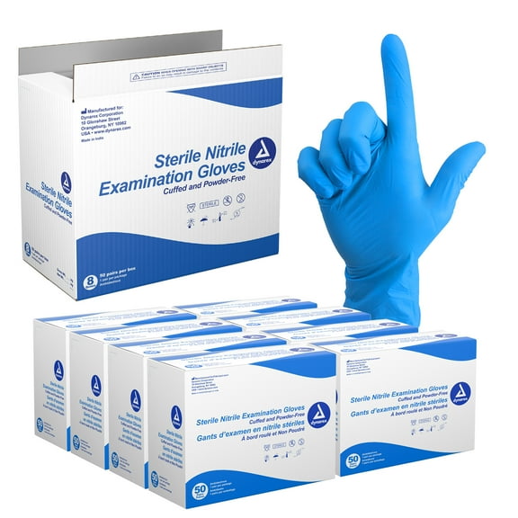 Dynarex Sterile Disposable Nitrile Exam Gloves, Powder-Free, Sterilely Packaged in Pairs, Textured Palms, for Medical Professionals, Blue, Small, 1 Case - 8 Boxes of 50 Pairs