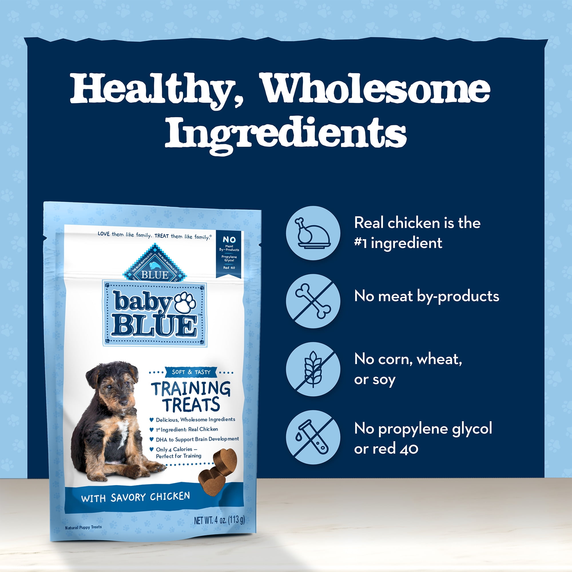 (4 pack) Blue Buffalo Baby BLUE Puppy Training Treats for Dogs with DHA, Savory Chicken, 4-oz. Bag
