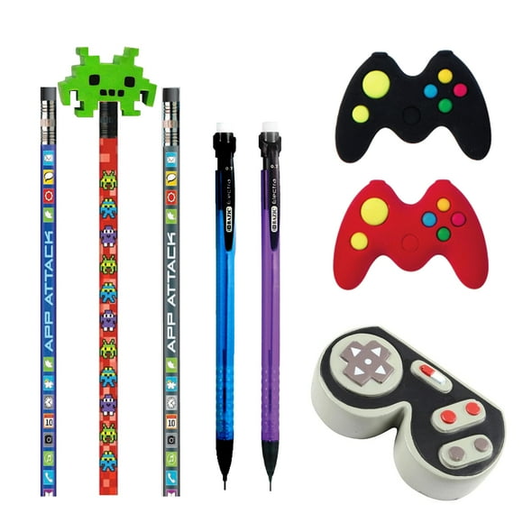 Kids Video Gamer Pencil Pouch with Coordinating Stationary Accessories-Pencils Pens Erasers & More- Unique Back to School Supplies & Stocking Stuffers (No Pouch - Pencils & Erasers Only)