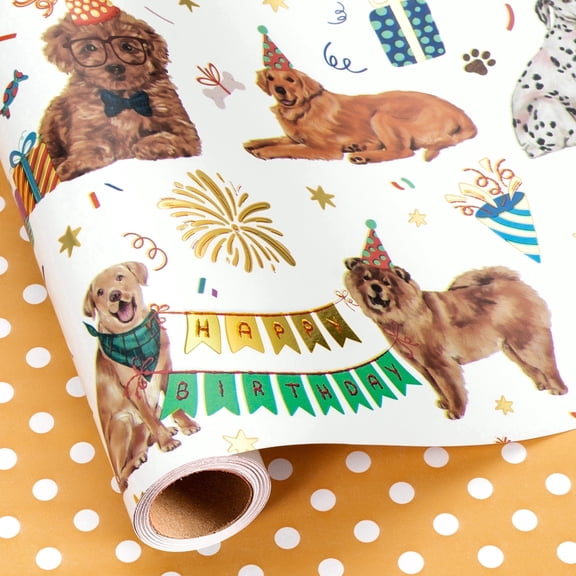 Burymento Dog Wrapping Paper Roll, Pawty Pups Wrapping Paper, Metallic Foil Reversible Puppy Dog Print Neutral Birthday Gift Wap for Pet Lovers, Baby Shower, Holiday, Christmas (17 Inch X 16.5 Feet)