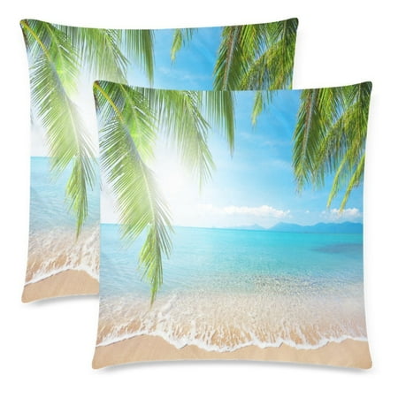 Coconut Pillow YKCG 2 Pack Summer Tropical Beach Palm Tree Leaves Pillowcase Cushion Cover 18x18 Twin Sides, Ocean Sea Coconut Palm Sand Sky Cotton Zippered Throw Pillow Case Shams Decorative ()