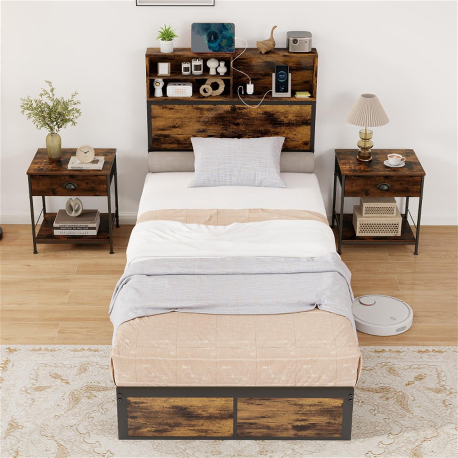 Demi Bonn Twin Size Bed Frame with Wooden Headboard and Footboard, Industrial Metal Platform Bed Frame with Under Bed Storage, No Box Spring Needed, Brown