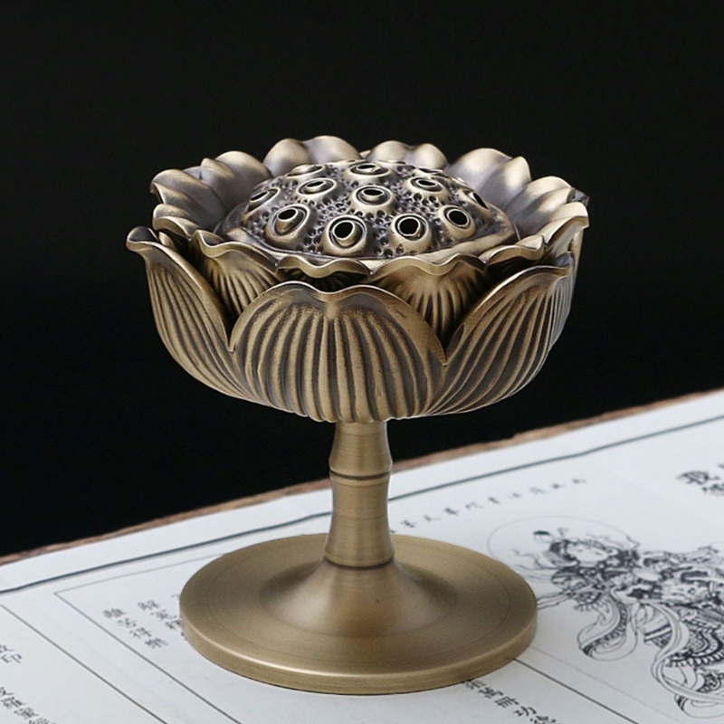 Copper Incenses Stick Burner Holder Lotuses Shaped Lid Censer Bowl Incenses Tray Home Decorations for Meditation, Yogas