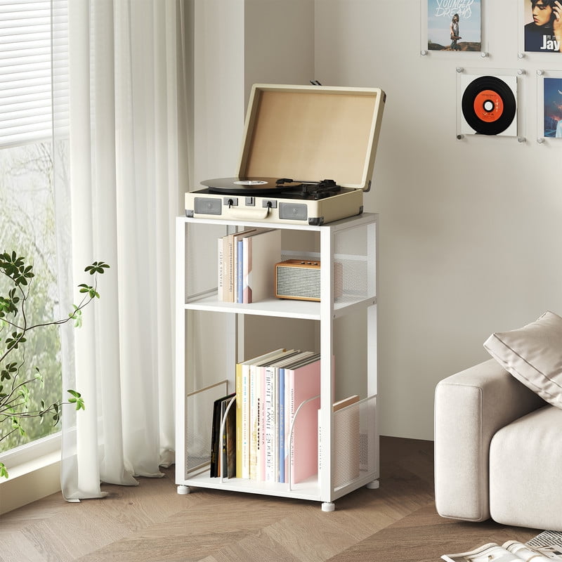 Gianna Record Player Stand, 3 Tier Turntable Table with Vinyl Storage for up to 100 Albums, End Side Table for Living Room，White