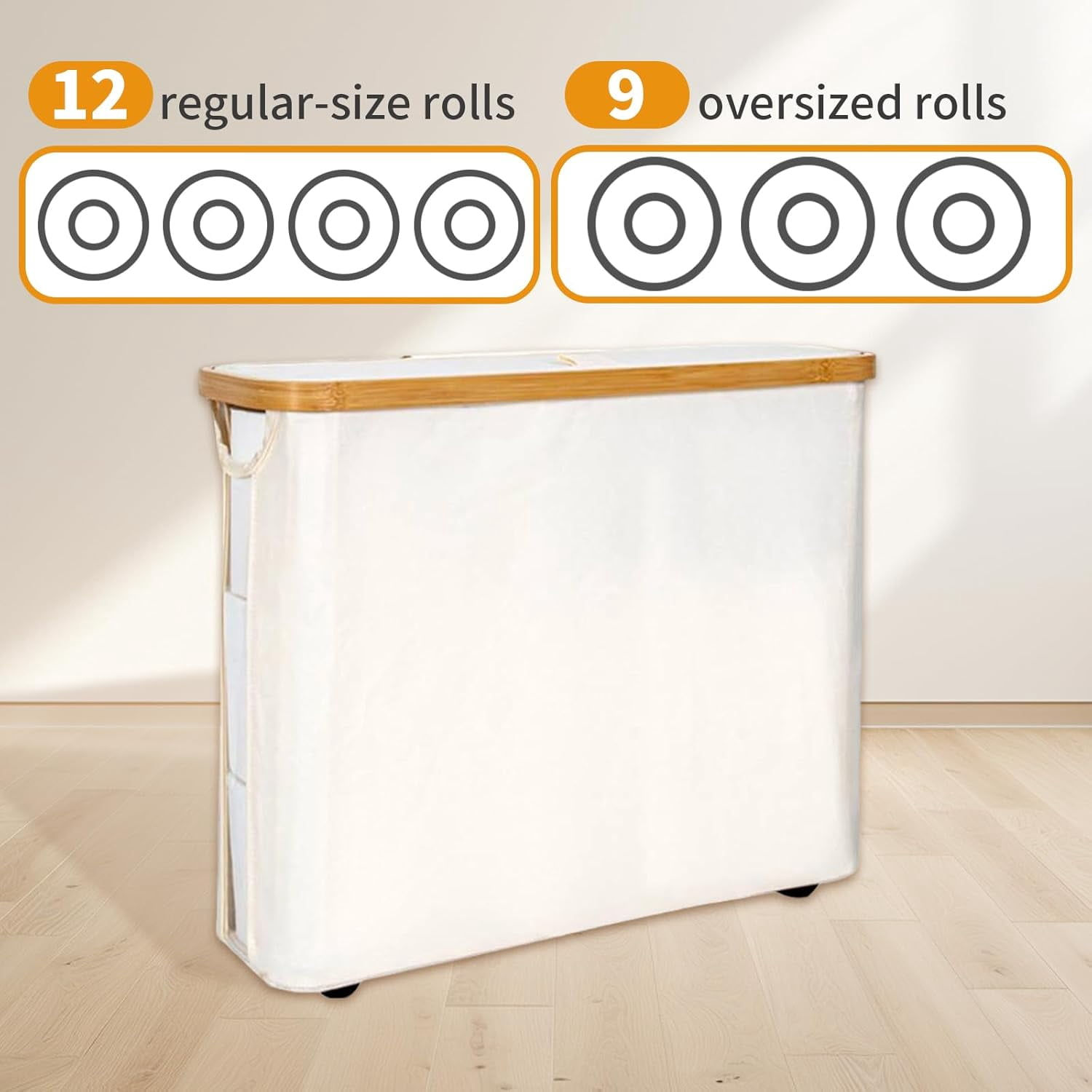 Toilet Paper Storage Toilet Paper Organizer with Lid Free Standing Toilet Paper Bin with Footbase for Bathroom, Bamboo, Collapsible Toilet Paper Container Holder for up to 9 Mega Rolls (Beige)