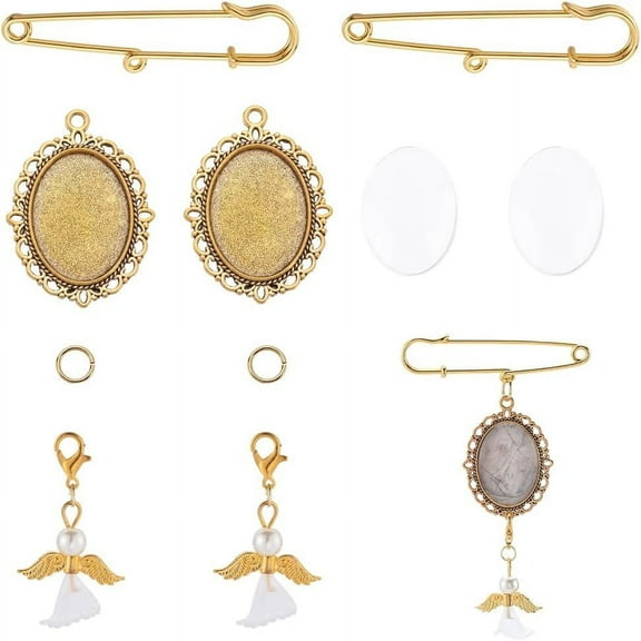 1 Box 10 Sets Gold Wedding Bouquet Photo Charms Memorial Picture Charm Personalized Glass Oval Picture Cabochons Brooch Pin Angel Wing Charms Kits for Wedding Bride Groom Party Gifts Flowers