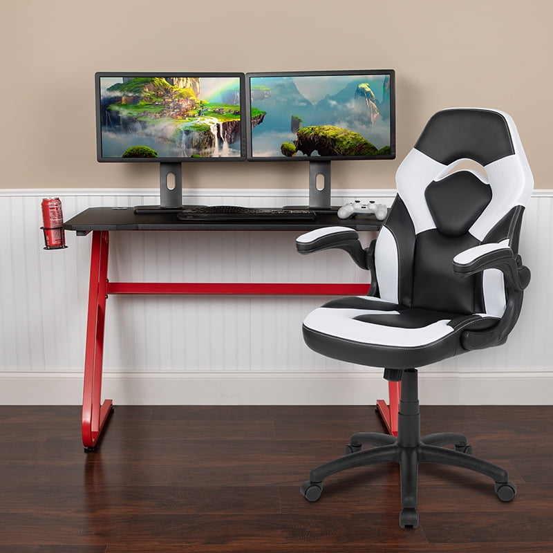 Desk Bundle Red Gaming Desk, Cup Holder, Headphone Hook and White