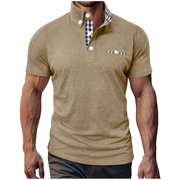 Mens Casual Manga Corta Botón Abajo Camisas Red Empalme Solapa Camiseta Superior, Poliéster Ligero para el Invierno