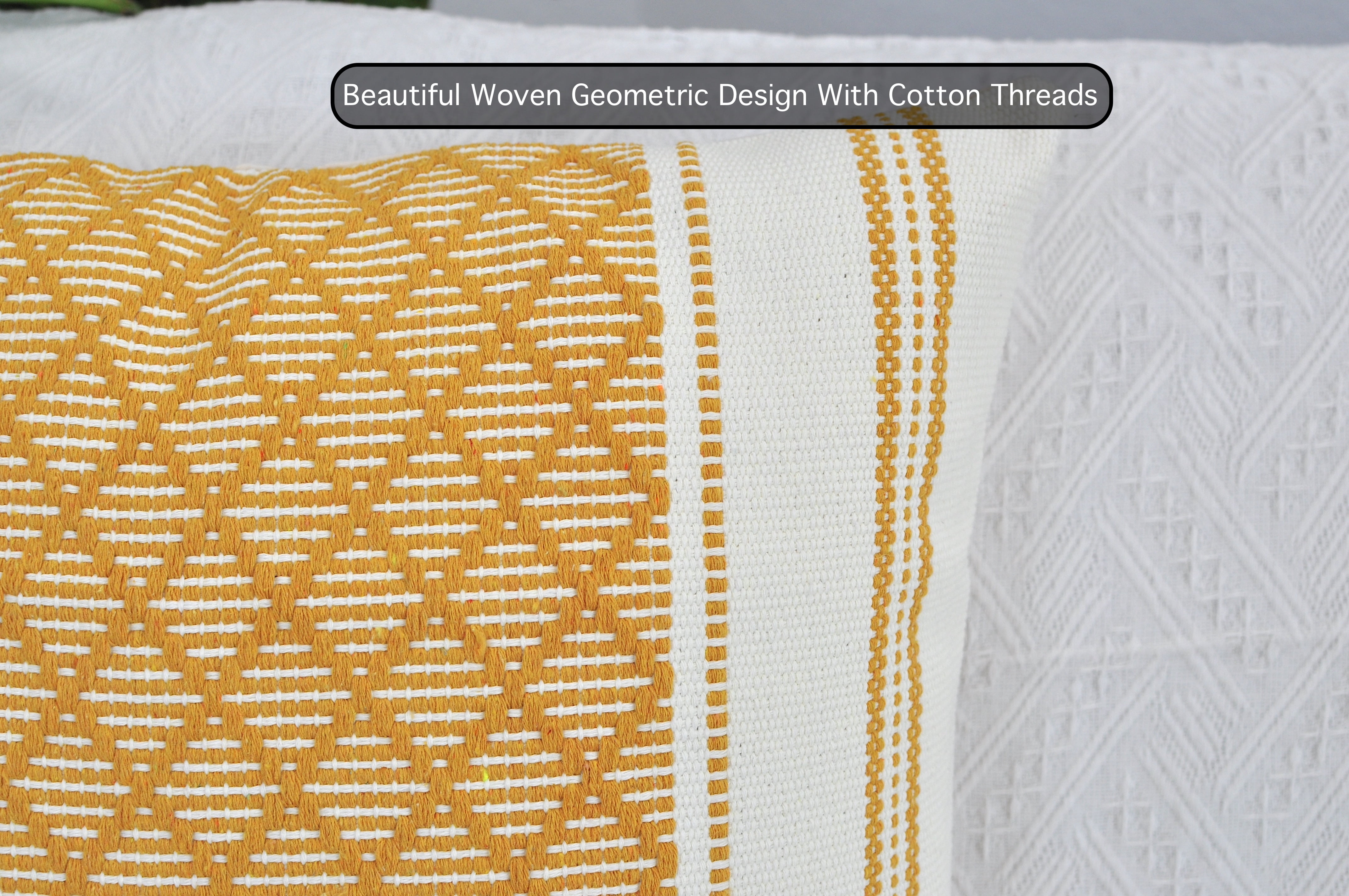 Cotton Woven Designer Throw Pillow Cover, Mustard Yellow & Off White, 20 x 20 inches | Square Cushion Covers with Geometric Design Set of 2