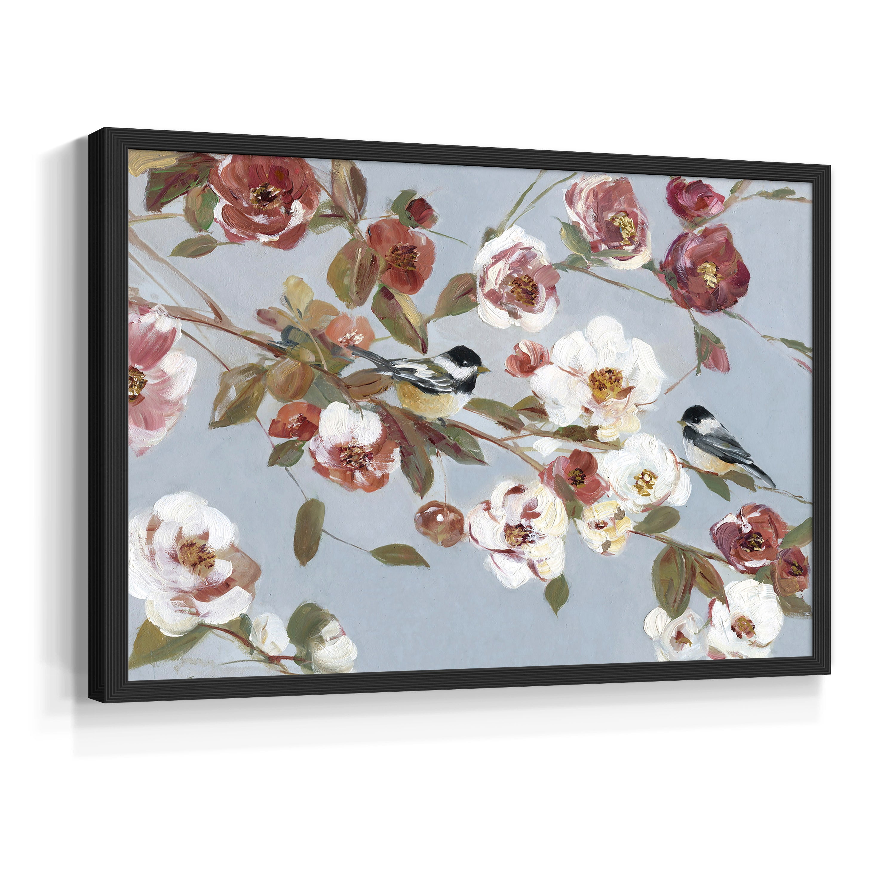 Chickadees and Blossoms II by Sally Swatland - Restickable Framed Giclée Print