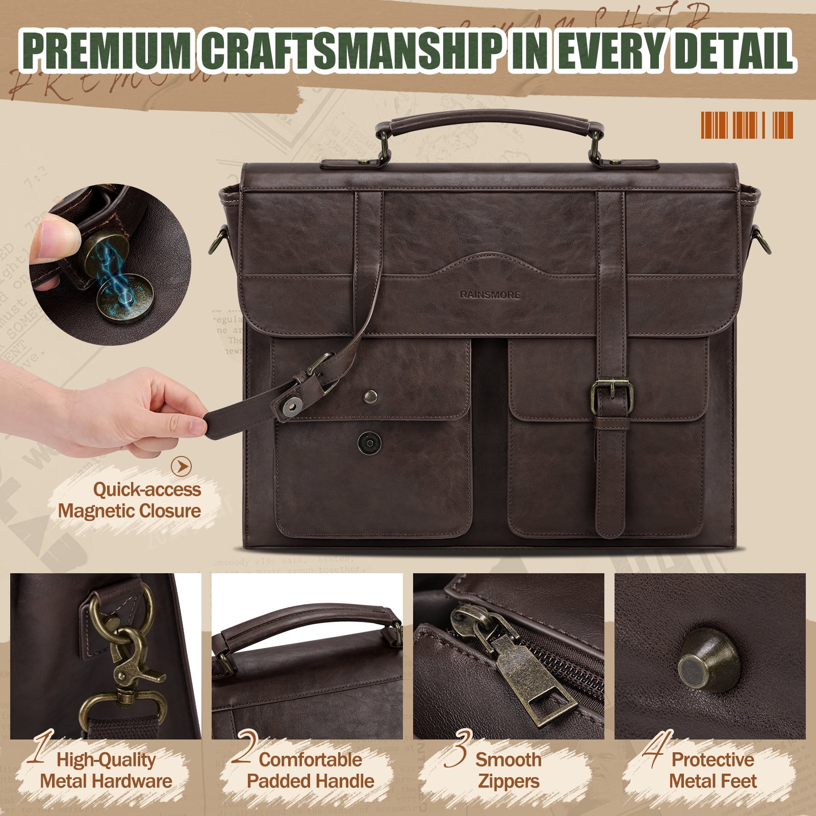 RAINSMORE Mens Messenger Bag 17 Inch Vintage Leather Laptop Bag Magnetic Closure Large Satchel Computer Briefcase Shoulder Bag,Coffee