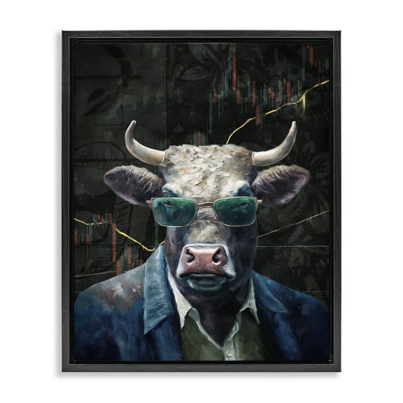 Stupell Industries Bull in Sunglasses Animals Painting Black Floater Framed Canvas Art Print Wall Art, 17 x 21