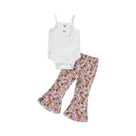 

Musuos Baby Girls Sleeveless Ribbed Button Bodysuit Floral Bell-Bottom Trousers